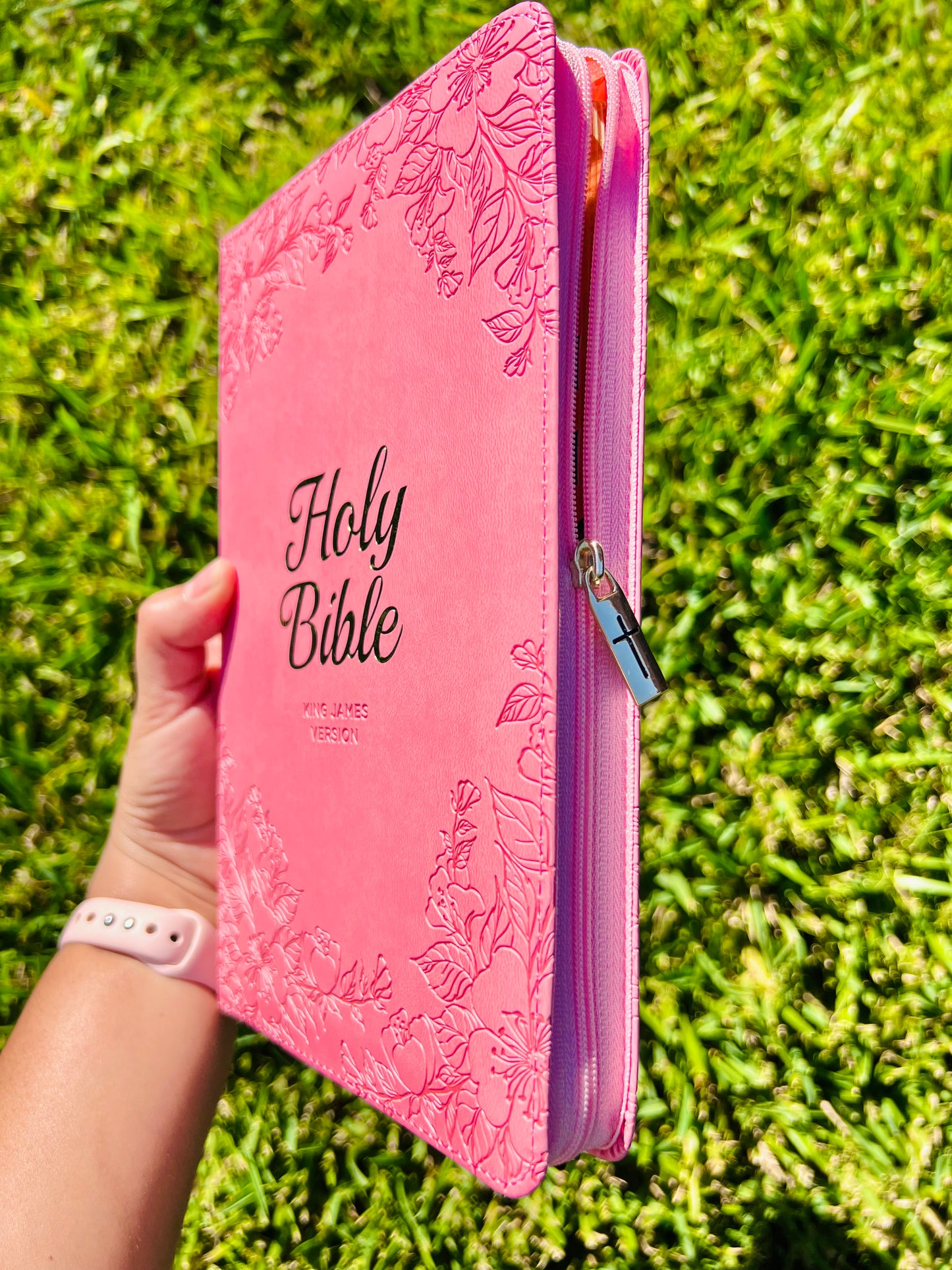 Holy Bible (KJV) light pink floral faux leather