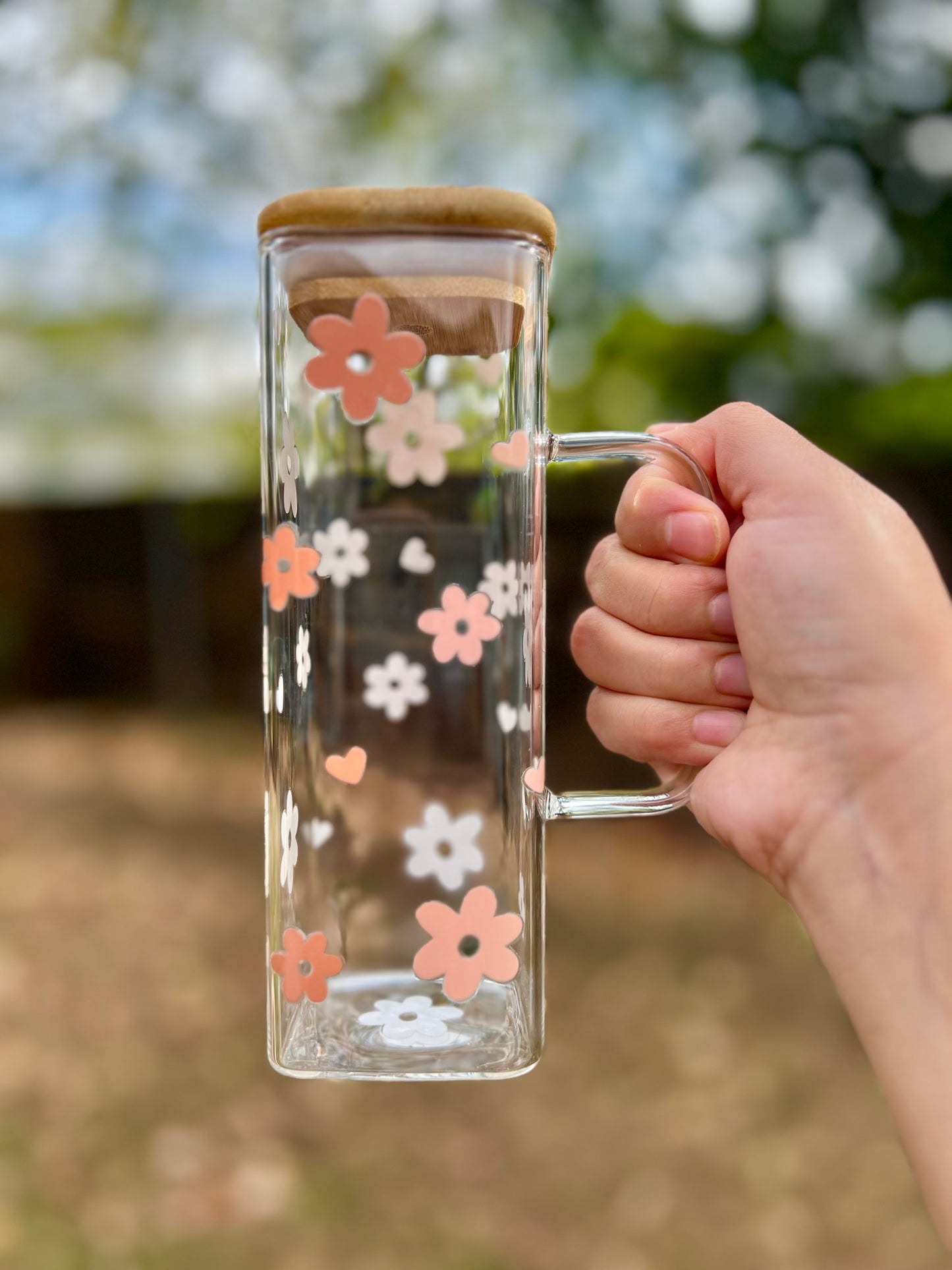 Taza de vidrio floral colores calidos