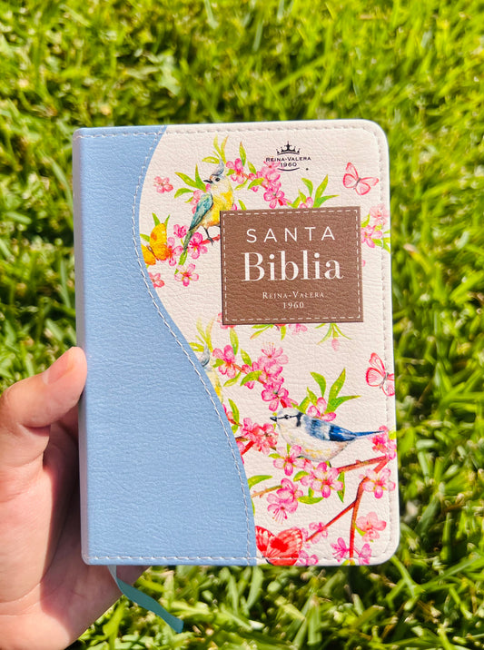 Biblia de Bolsillo RV1960 imit piel con canto floral celeste