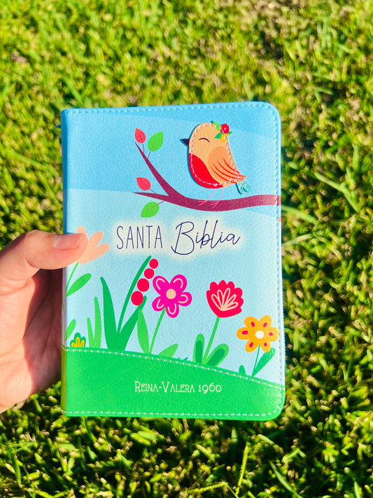 Biblia de bolsillo diseño azul con flores y pajarito (RV1960)